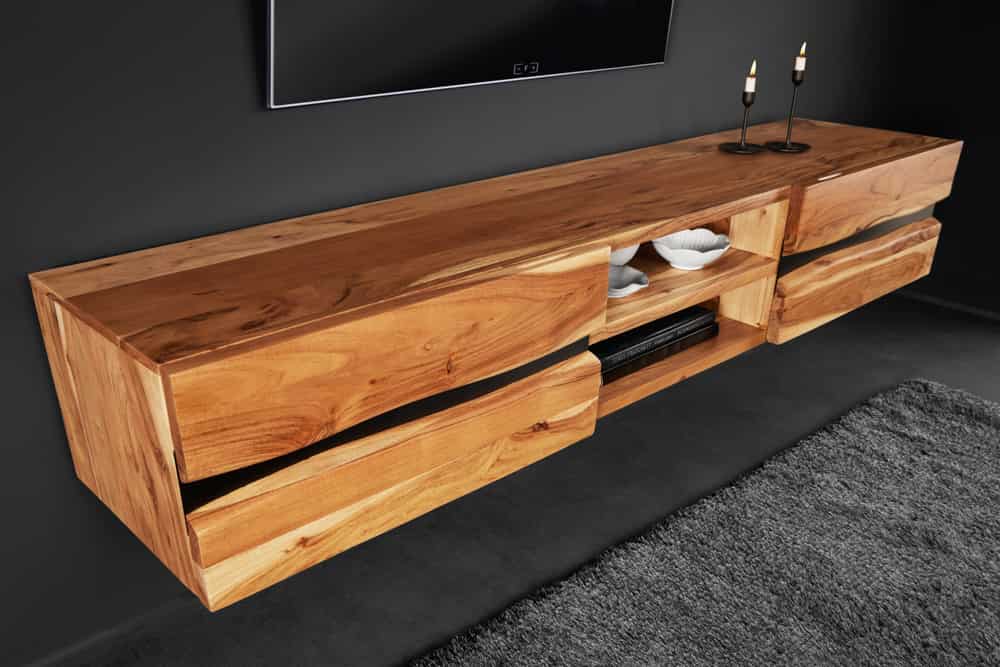 Hängendes TV-Lowboard AMAZONAS 160cm natur Akazie Massivholz Baumkante Metall schwarz