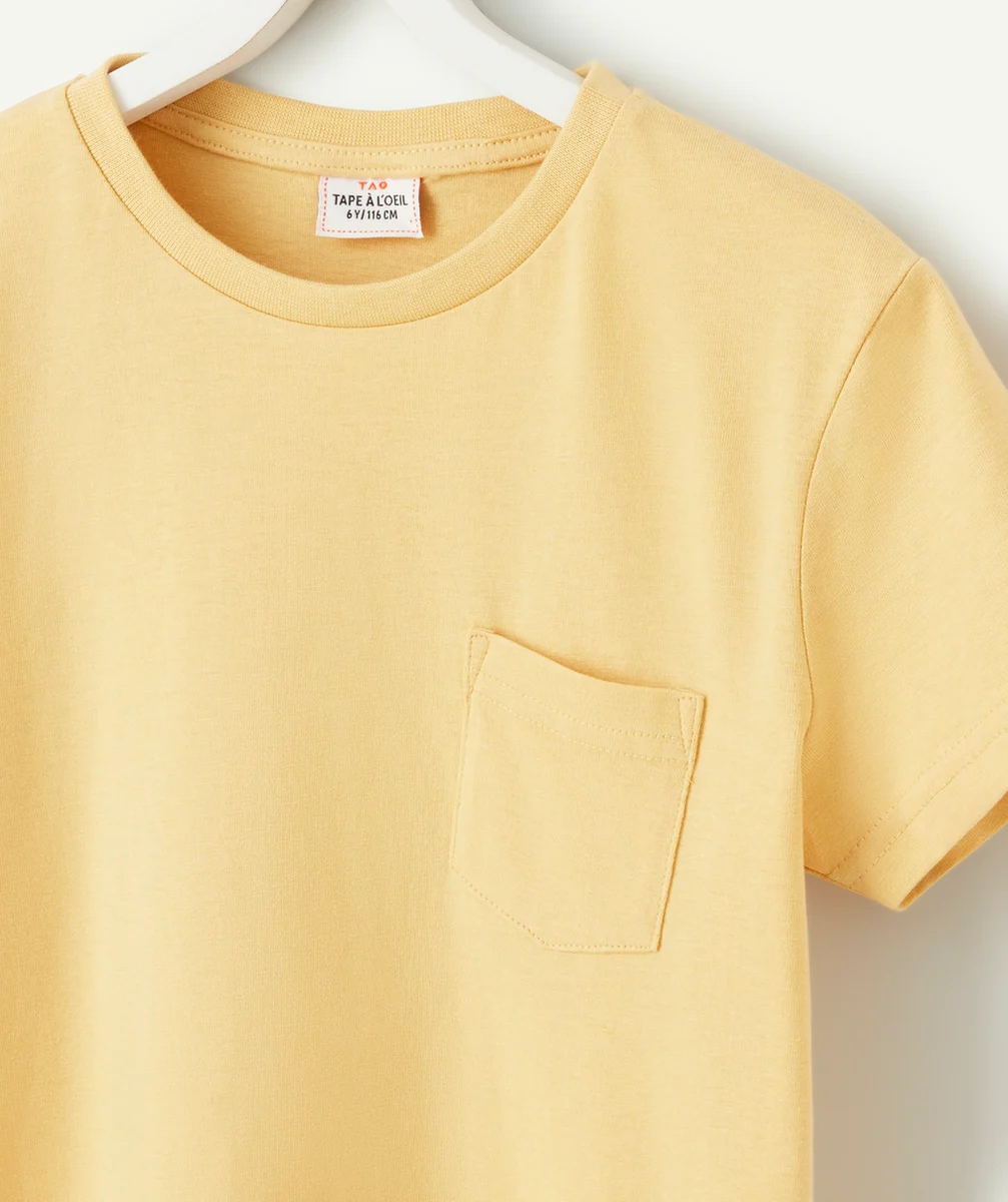 T-SHIRT GARÇON EN COTON BIO ET À MANCHES COURTES JAUNE AVEC POCHE