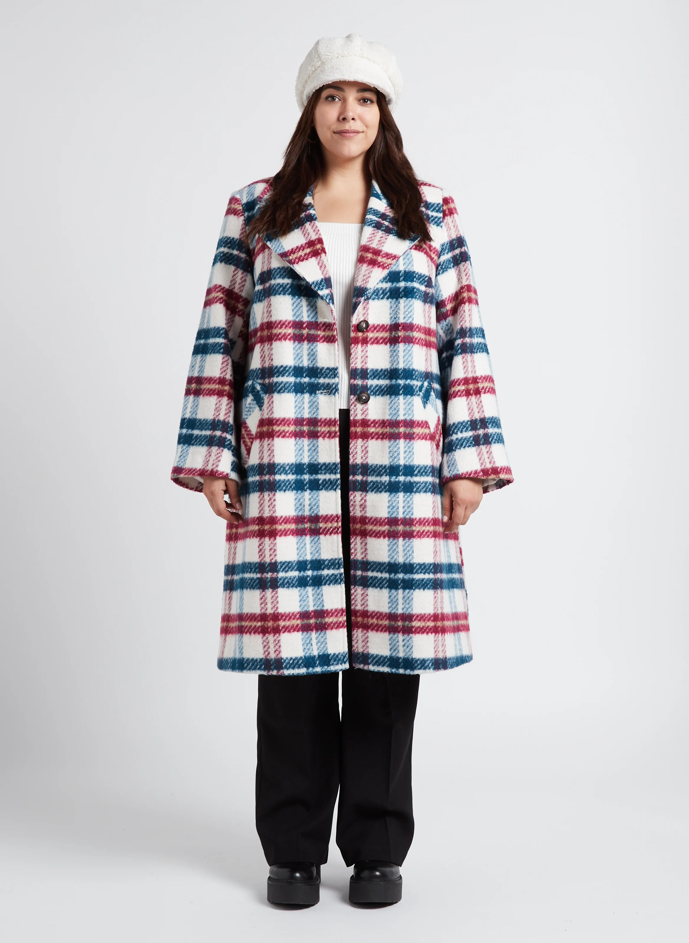 MONTA - Manteau col tailleur à carreaux| Blanc