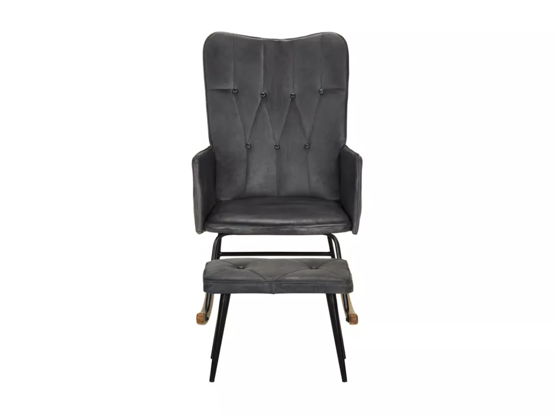 Chaise à bascule avec repose-pied Gris Cuir véritable