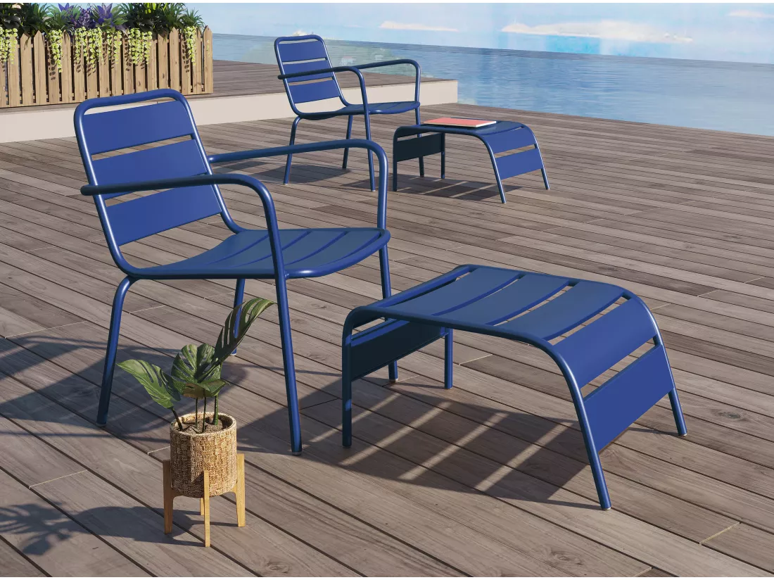 Fauteuil bas de jardin empilable + repose pied en métal - Bleu nuit - MIRMANDE de MYLIA