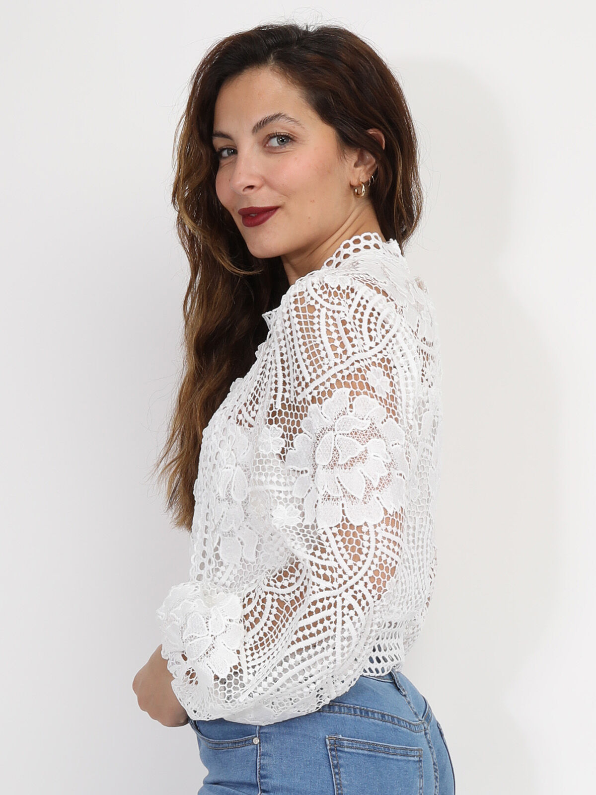Blouse en crochet à manches ballon- Blanc