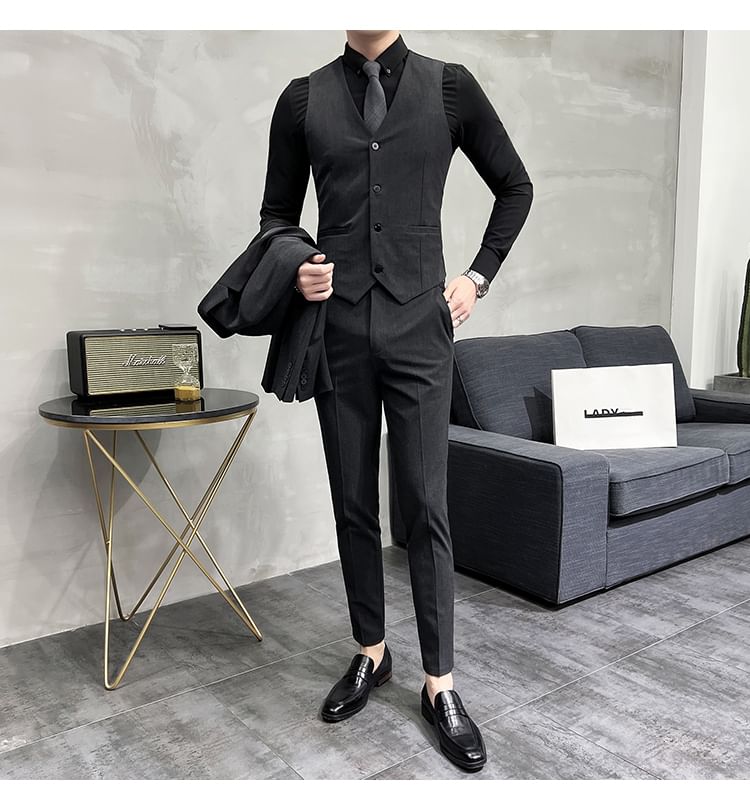 Blueforce - Notch Revers Effen Enkelrijs Blazer / Vest / Mid Rise Taps Toelopende Broek / Set
