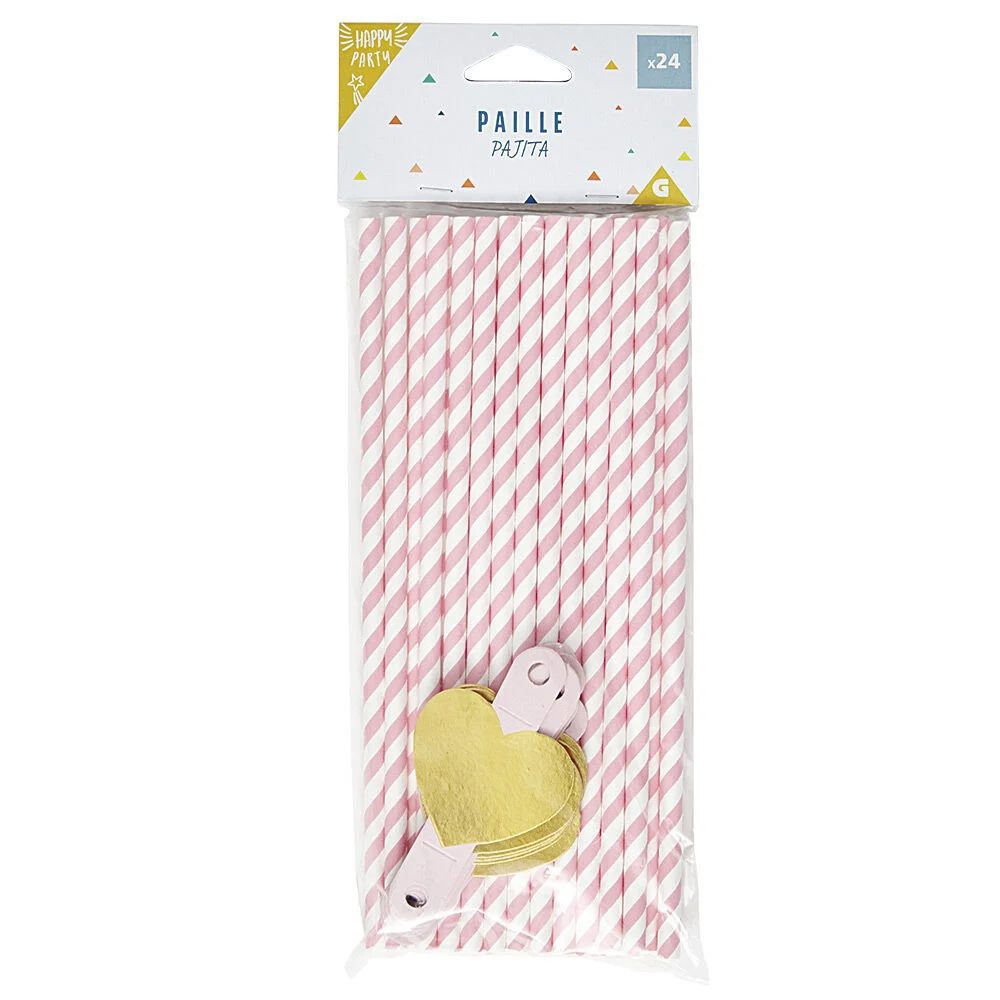 Paille rose et étiquette coeur en papier x 24