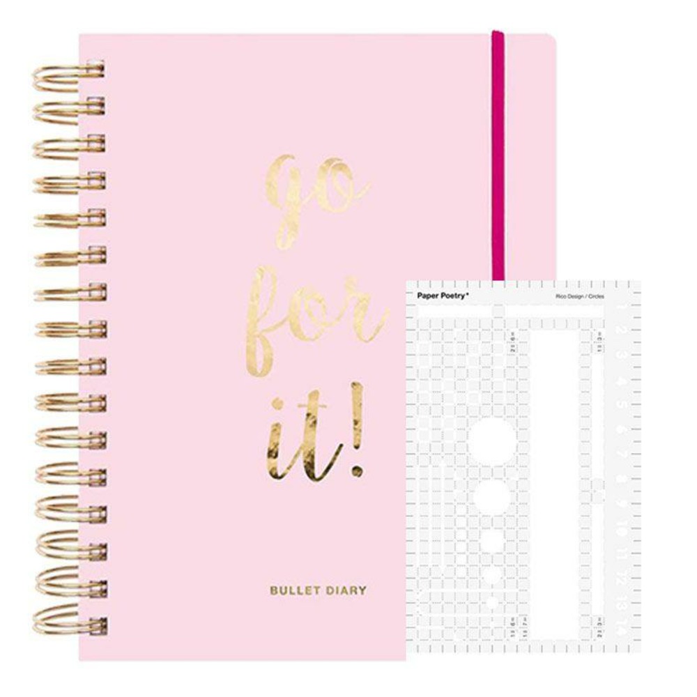 Agenda bullet journal rose à spirales 96 feuilles + pochoir basic