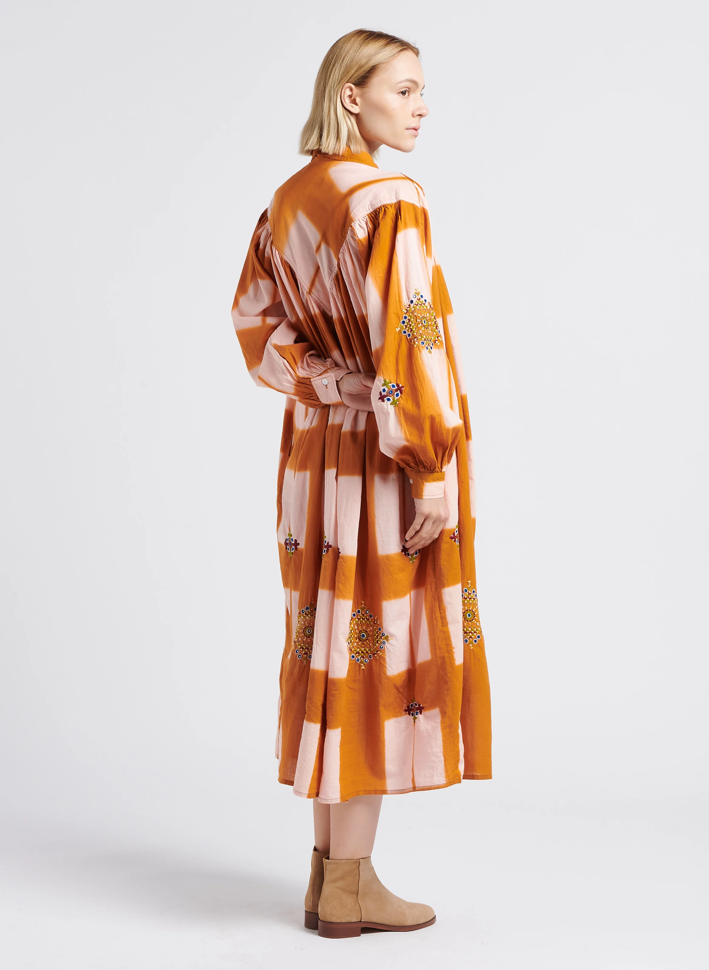PALM - Robe midi col classique imprimée et brodée en coton| Orange