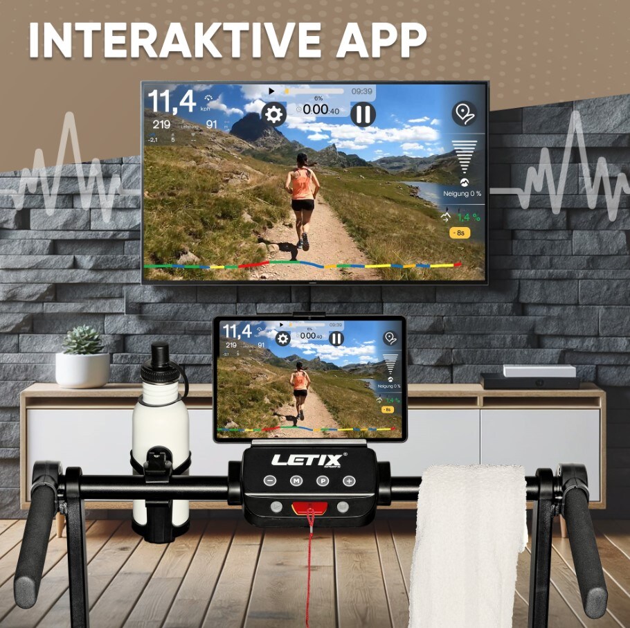 LETIX Elektrisches Laufband FoldPro 2in1 mit LCD-Display, Bluetooth & APP Funktion, für zu Hause und Büro, motorisiertes Fitnessgerät, Heimtrainer - Holzoptik