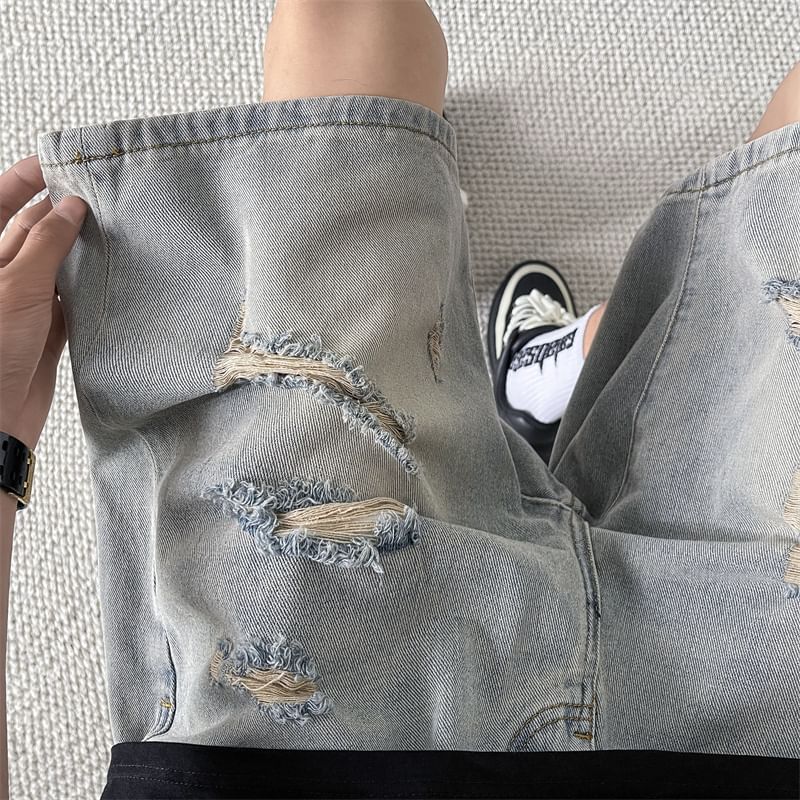 Lorencho - Mid Rise Distressed Washed Denim Shorts