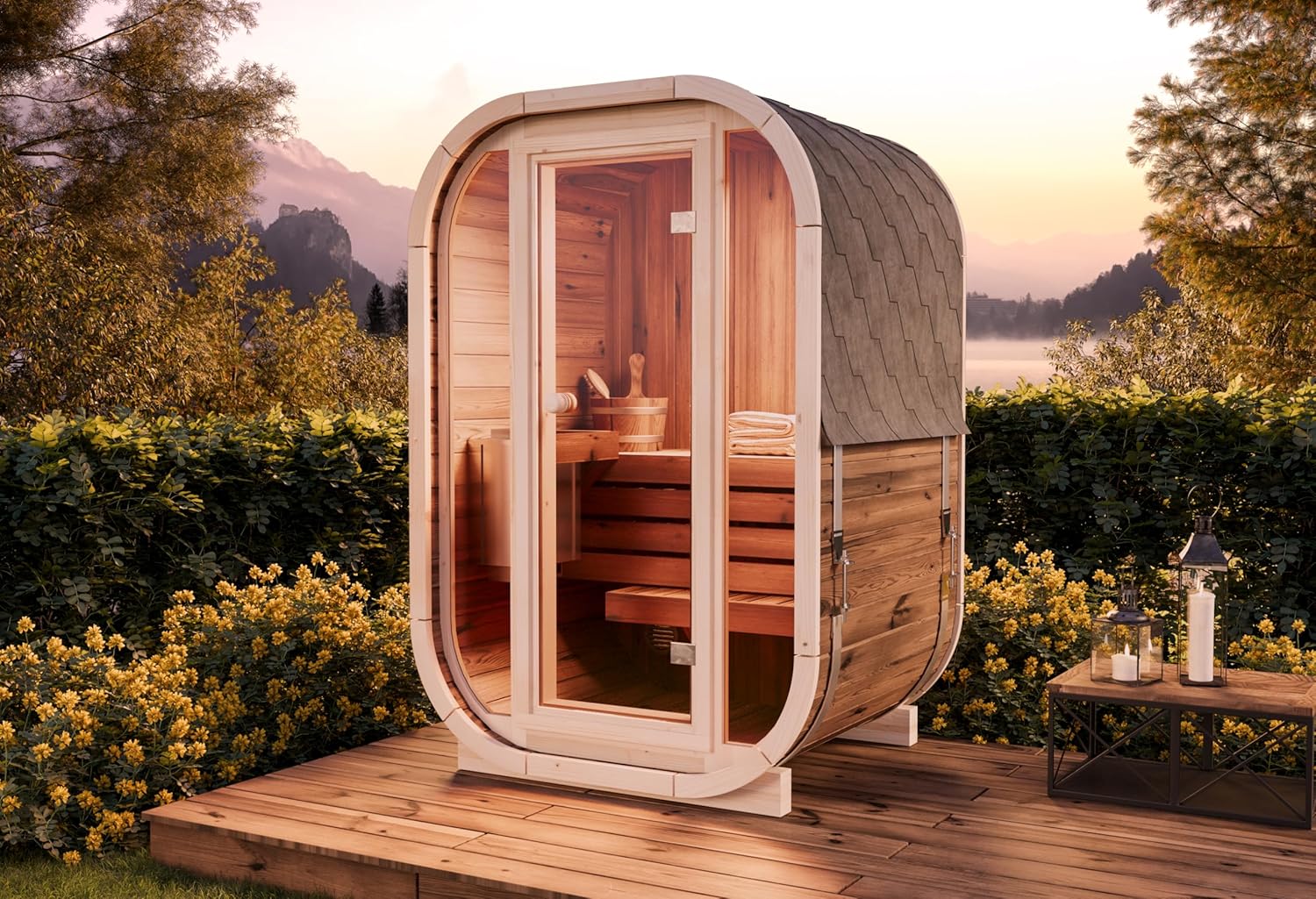 Fasssauna Ellipso S, Moderne Outdoor Sauna inkl. Dacheindeckung, Kompakte Gartensauna mit Glasfront, Außensauna: B 136 x T 119 x H 203 cm, 2 Personen