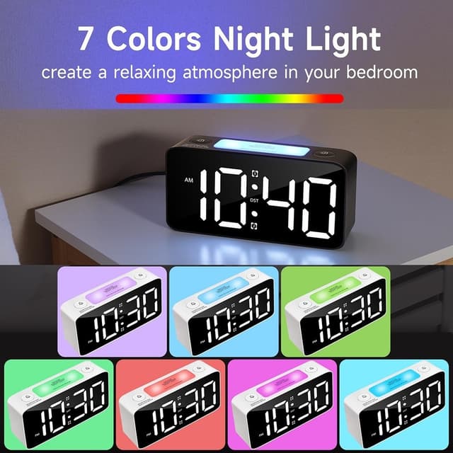 Super højt vækkeur til tunge personer, der sover. Digitalt ur 7-farvet natlys