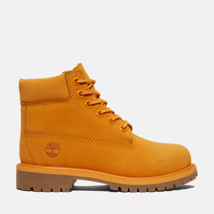 Bota Timberland Premium de 6 polegadas, impermeável, edição 50, para crianças pequenas, na cor laranja.