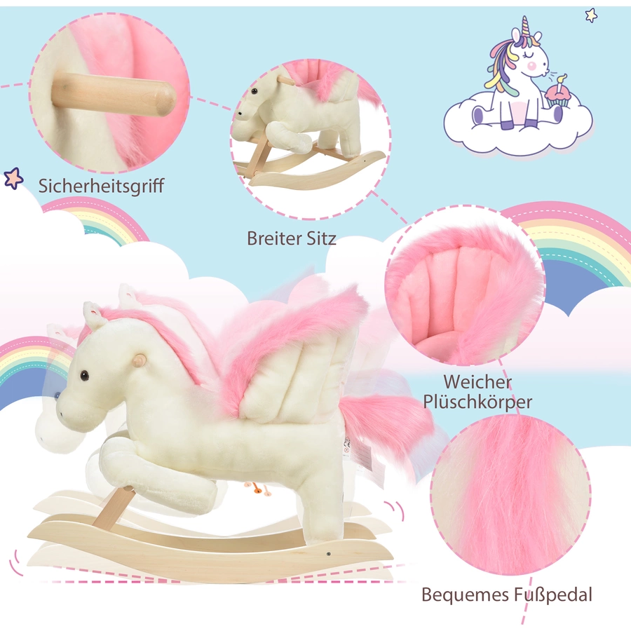 HOMCOM Schaukelpferd mit Tiergeräusche weiß, rosa