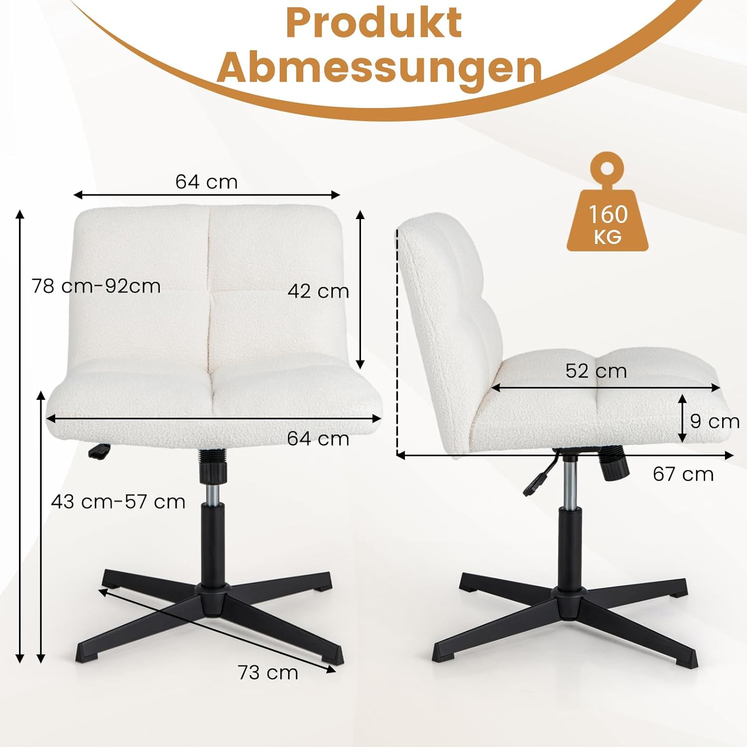 COSTWAY Schneidersitz Stuhl, Drehstuhl ohne Armlehnen, Schreibtischstuhl mit breiter Sitzfläche, Bürostuhl mit Kreuzfuß, Schminkstuhl, höhenverstellbar, Wippfunktion, modern (Beige)