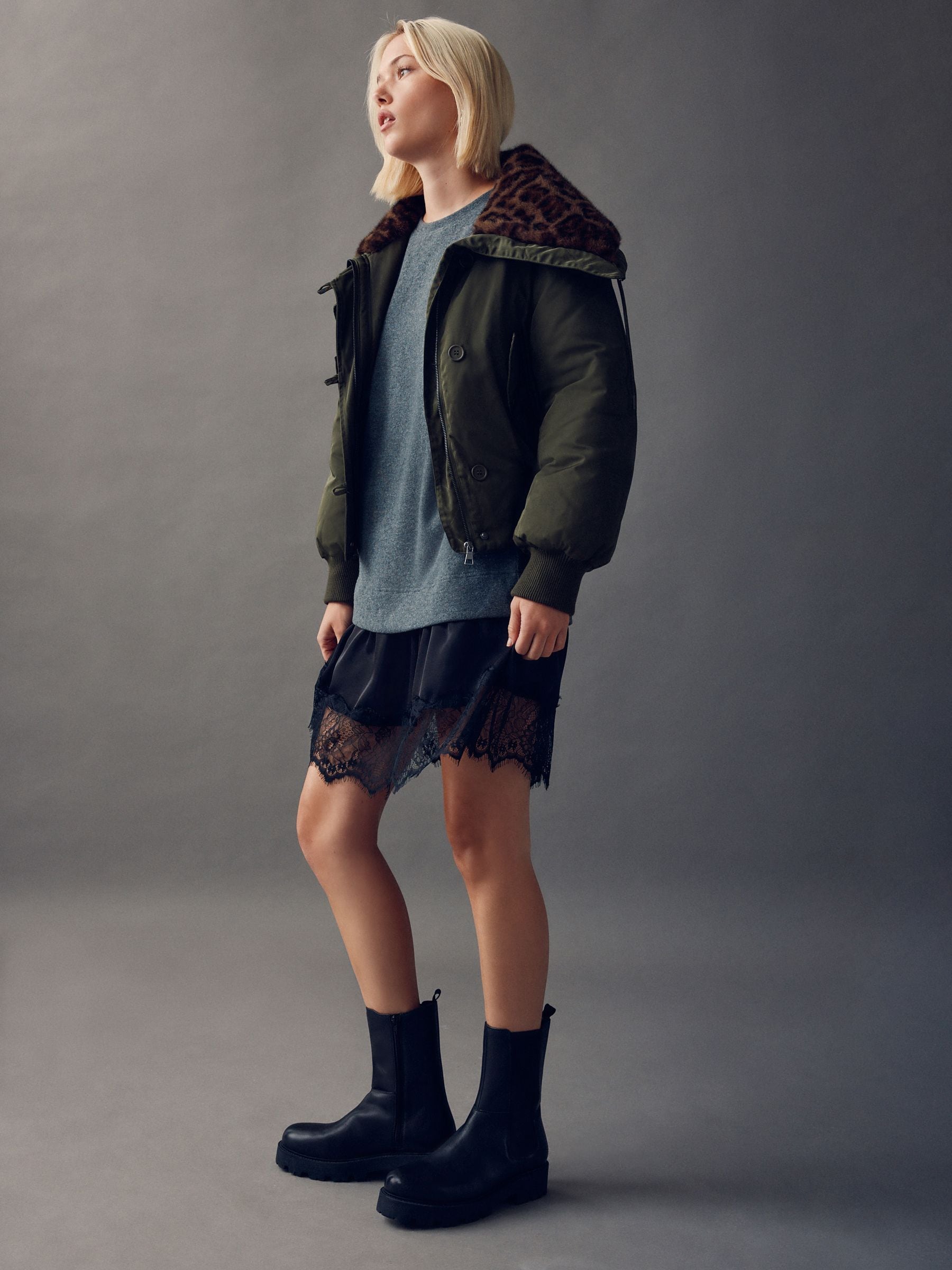 Kakigroen - Parka with Animal Print Faux Fur Collar