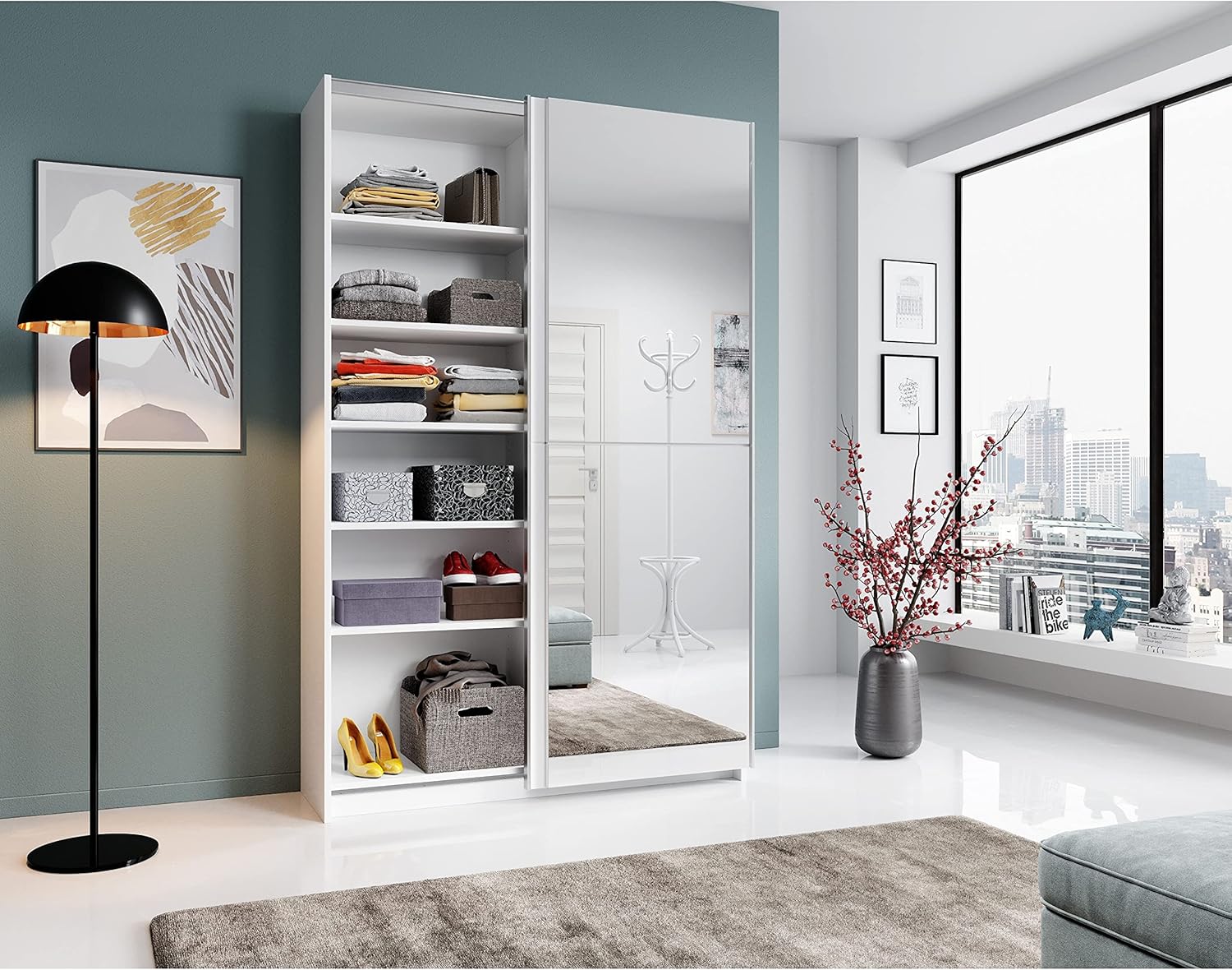 Stella Trading FAST Eleganter Kleiderschrank / Garderobenschrank mit Spiegeltür & viel Stauraum - Vielseitiger Schwebetürenschrank in weiß - 125 x 195 x 38 cm (B/H/T)