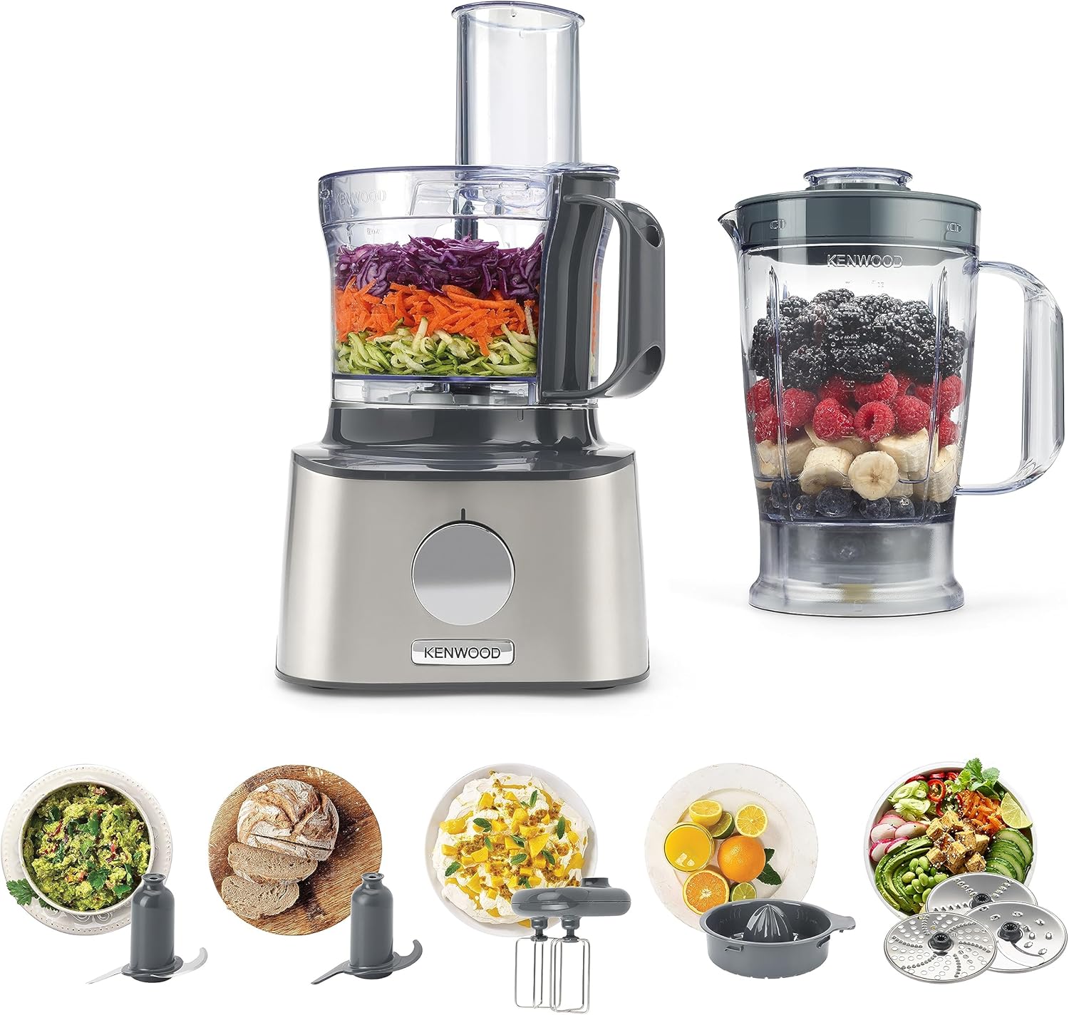 Kenwood Multipro Compact FDM301SS Kompakt-Küchenmaschine, 2,1 Liter, inkl. Edelstahl Messer, 3 Arbeitsscheiben und 4 weiteren Zubehör-Teile, Metallgehäuse, 800 Watt, Silber