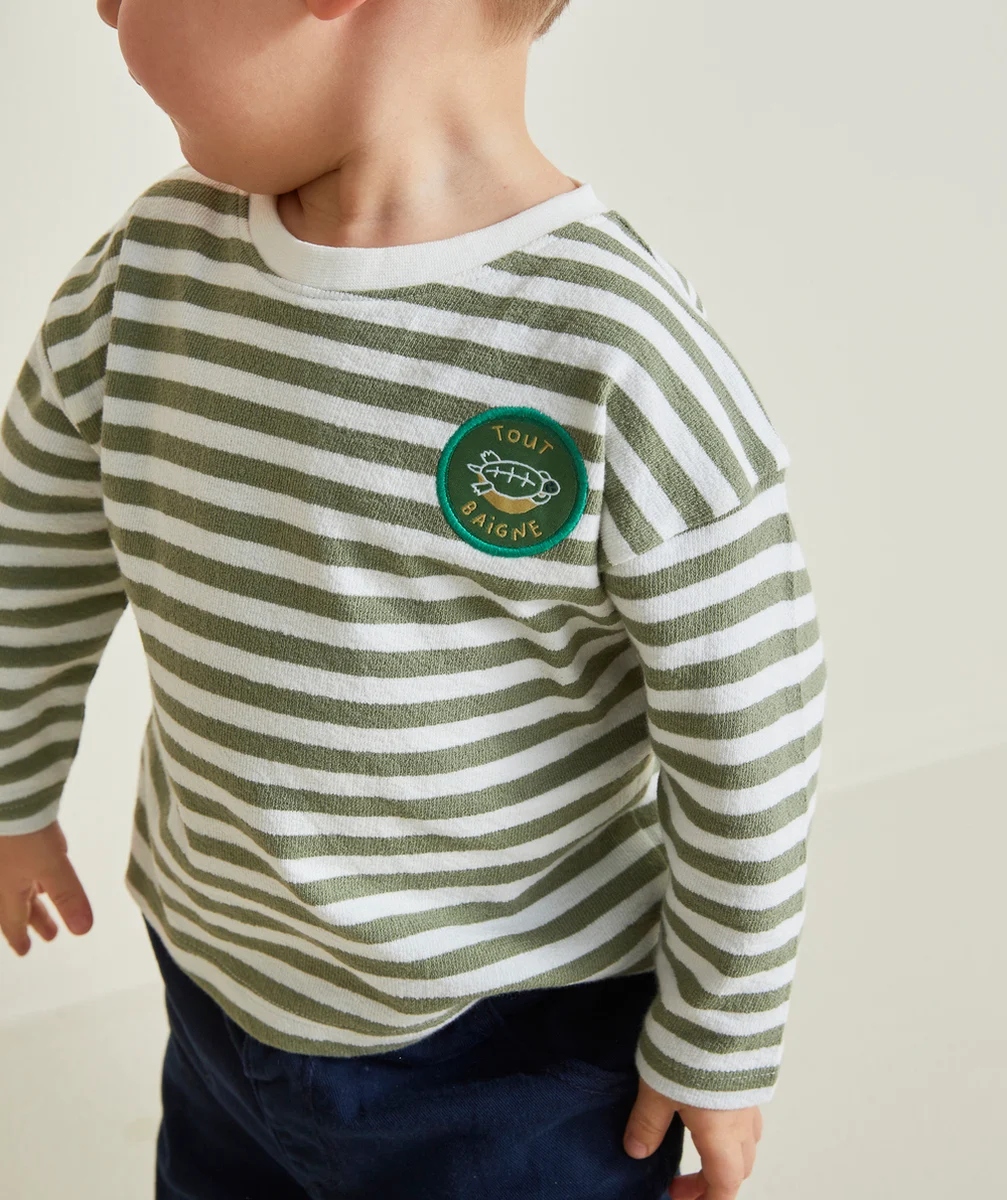 T-SHIRT BÉBÉ GARÇON EN COTON BIO IMPRIMÉ À RAYURES AVEC PATCH TORTUE