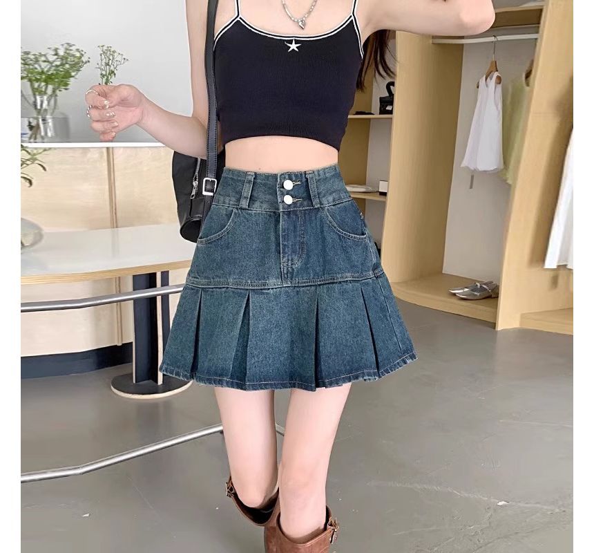 Girliepairs - Hoge taille gewassen geplooide mini A-lijn denim rok