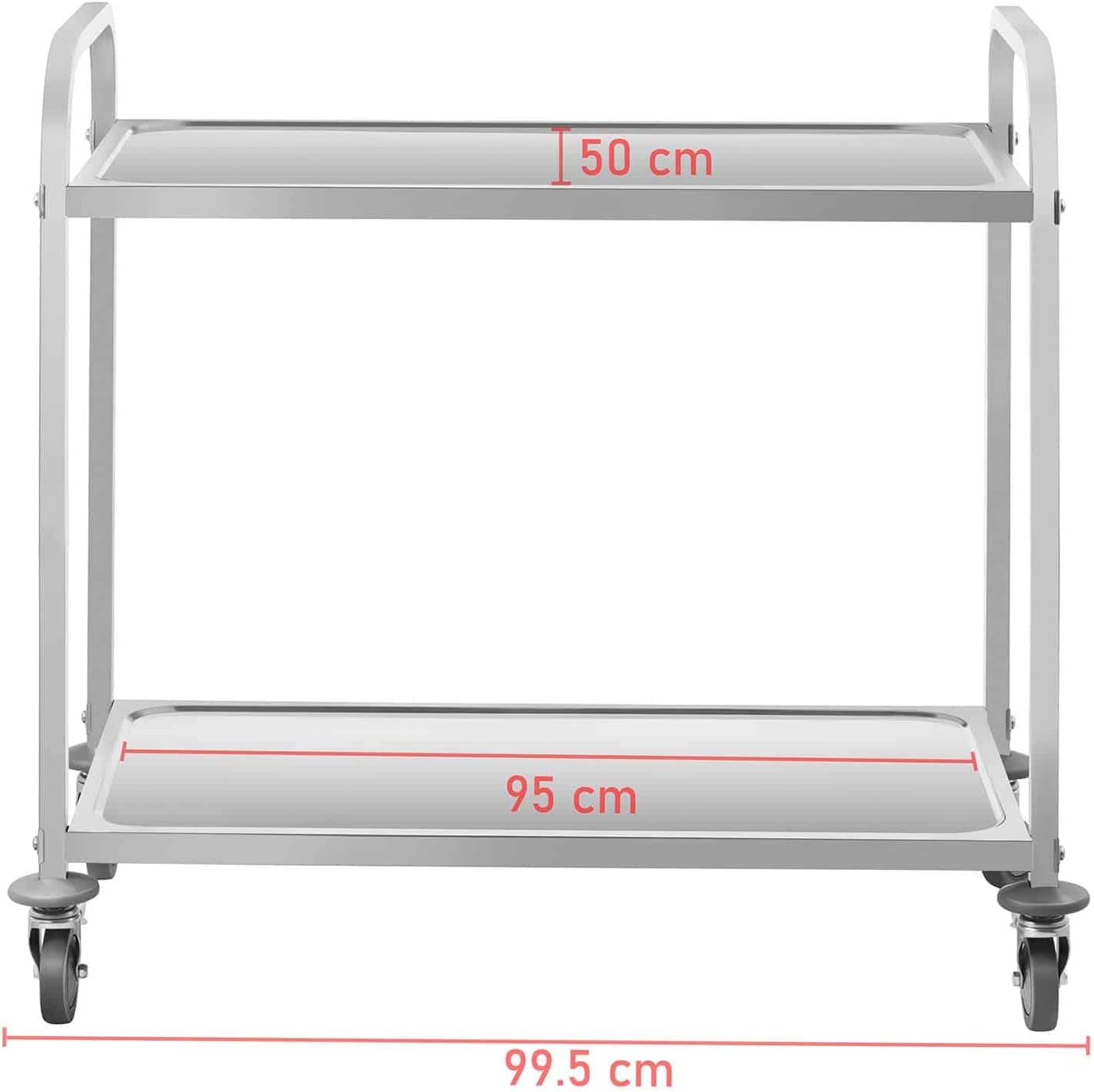 Royal Catering RCSW 3E Servierwagen Küchenwagen (2 Borde, 60 cm Abstand, vibrationsarme 360° drehbare Rollen, Feststellbremsen, bis 160 kg, Edelstahl)
