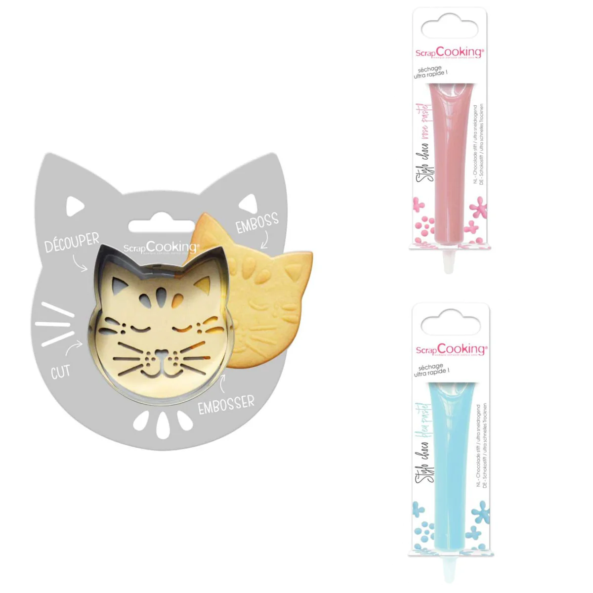 Kit pour biscuit en relief Chat + 2 Stylos au chocolat rose pastel et