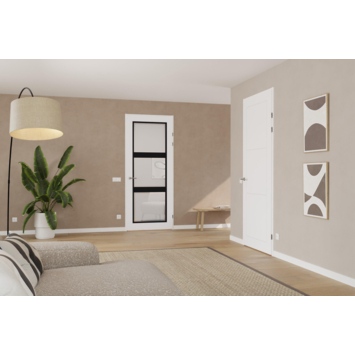 Arne & Bodil binnendeur ABB105 mat glas met blanke rand - extra wit afgelakt - glaslat diep zwart