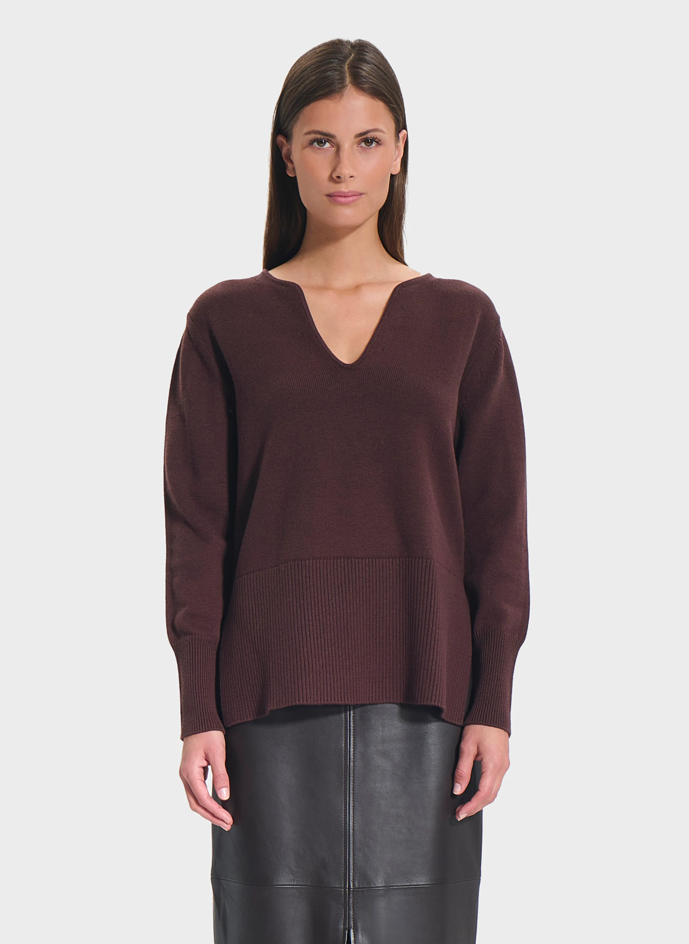 NALANI - Pull col V en laine mélangée | Marron