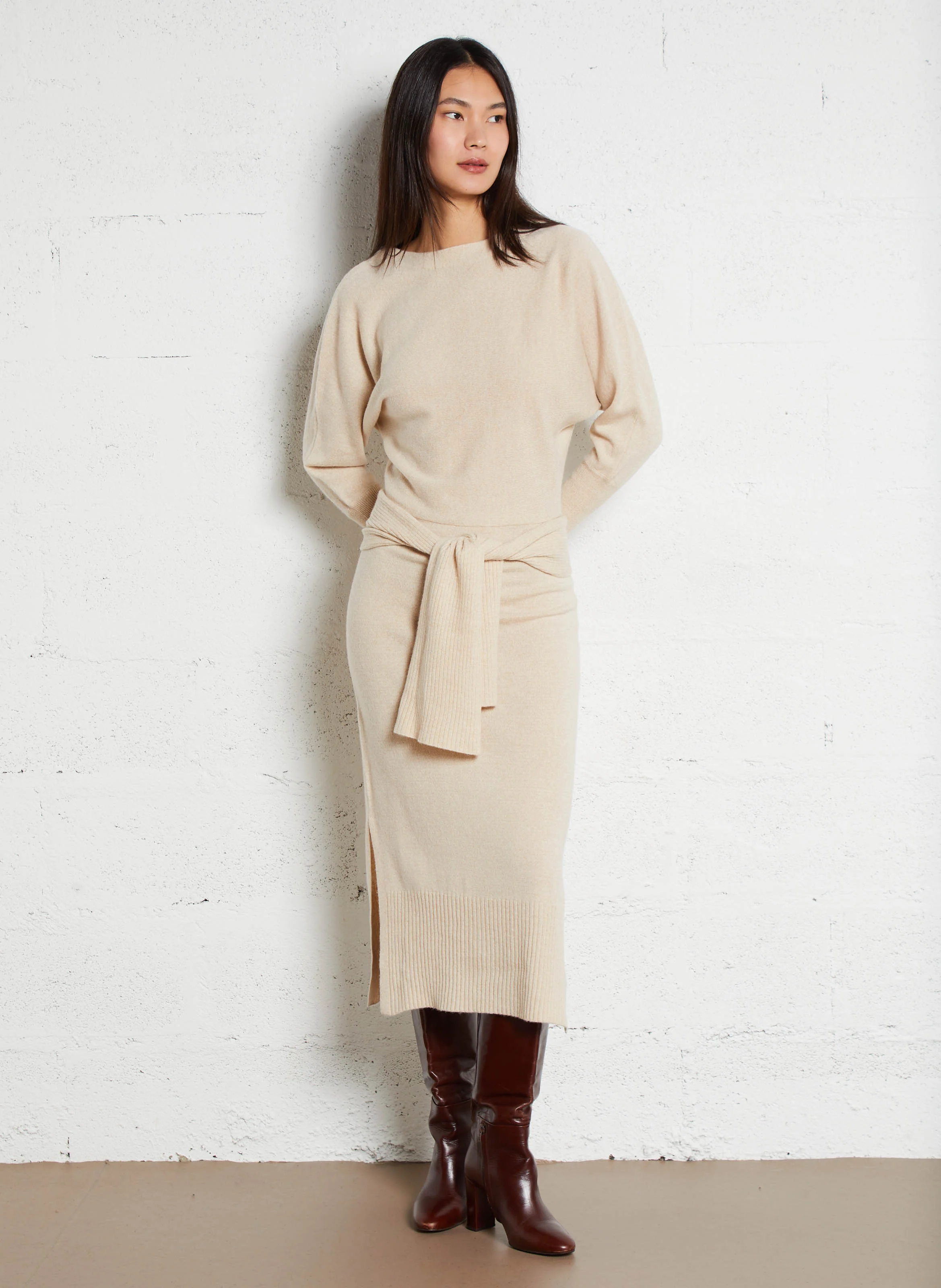 MUCCIA - Robe longue en maille| Beige