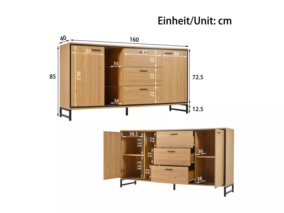 Buffet bas avec LED - 3 tiroirs & 2 portes & 3 étagères - Naturel