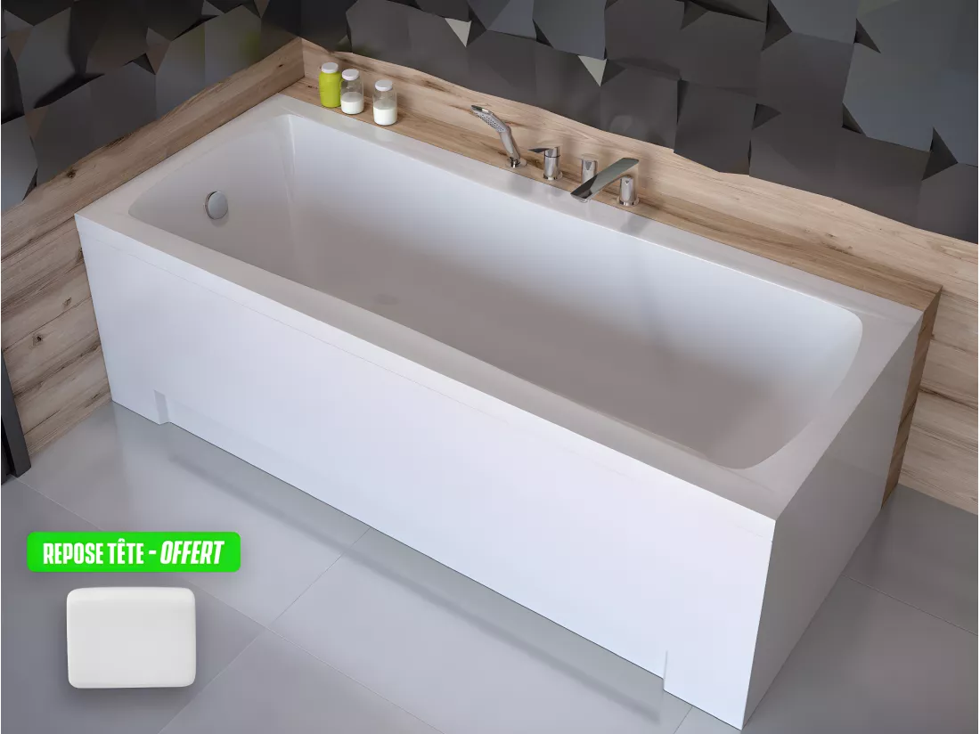 Baignoire rectangulaire + tablier blanc + repose tête - OPTIMA - 160 x 70 cm