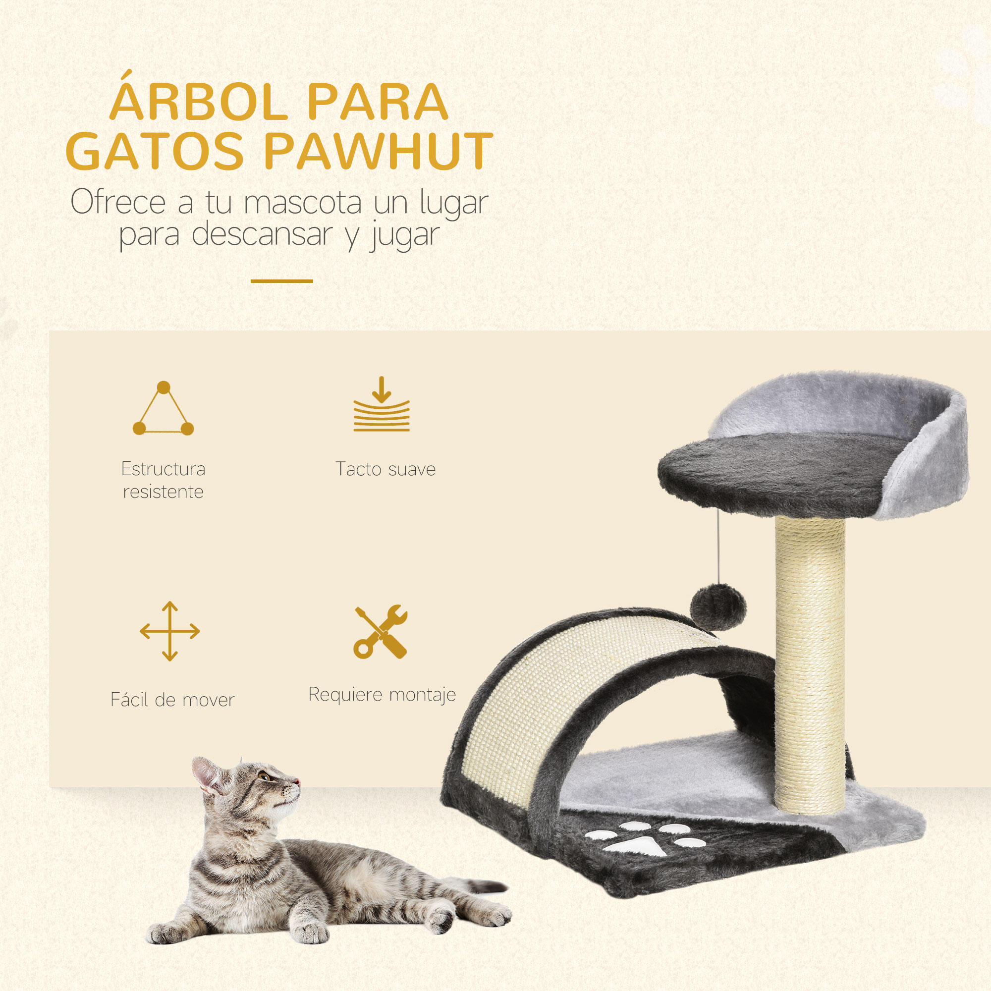 Arranhador de 2 níveis PawHut para gatos pequenos, 46 cm de altura, com poste para arranhar, prancha, plataformas e brinquedo de bola pendurado, 35,5 x 37 x 46 cm, cinza.