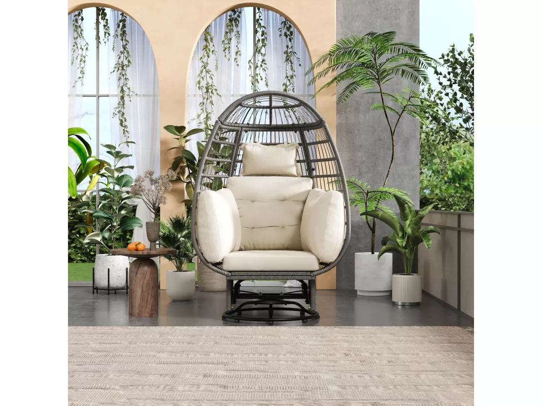 URBAN MEUBLE Fauteuil de jardin suspendu oeuf pivotant en rotin synthétique grus avec coussins moelleux