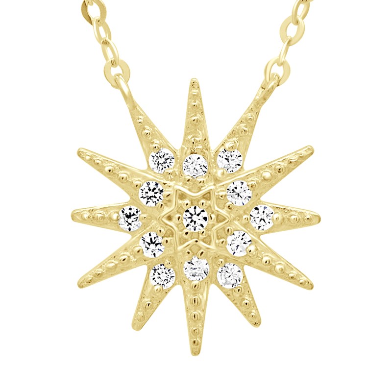 Collier - Ornées d'un Pendentif Soleil serti d' Oxydes de Zirconium - Or Jaune