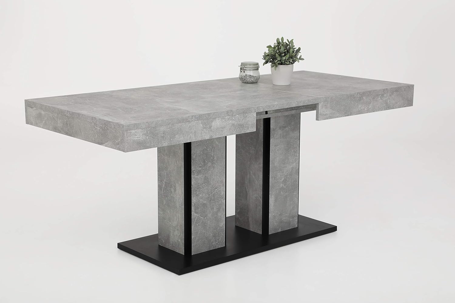 Hela Tische, Esstisch Säulentisch Rose, Holzwerkstoff meleminbeschichtet, Betonoptik,zwei Säulenfüße und Bodenplatte, ausziehbar 140-180x80cm