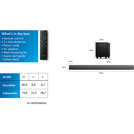 Philips TAB5308 2.1 soundbar med trådløs subwoofer