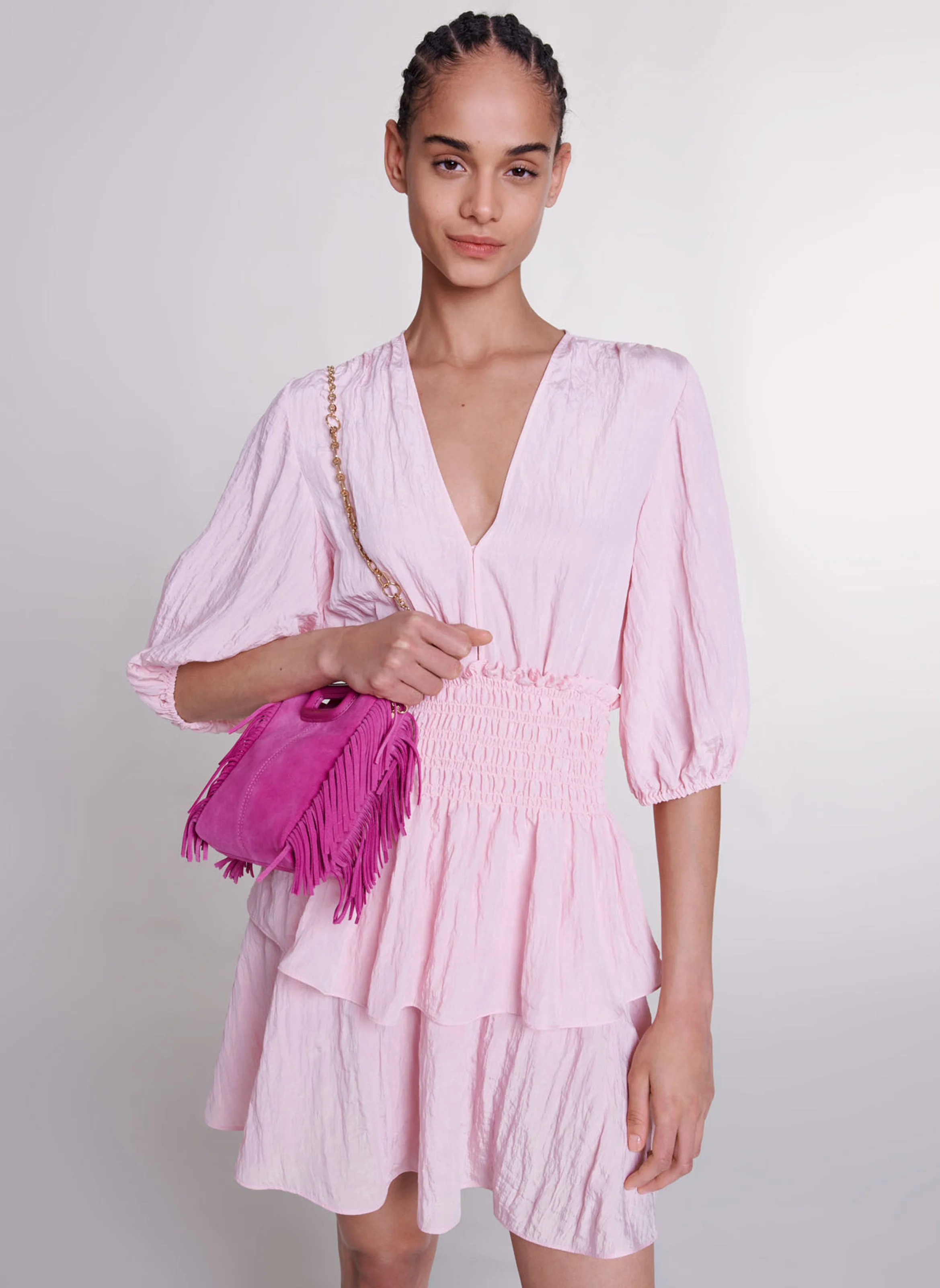 Robe courte col V à volants| Rose