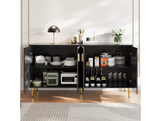 Buffet noir (152 x 40 x 75 cm), design unique en forme de vague, poignées et pieds dorés