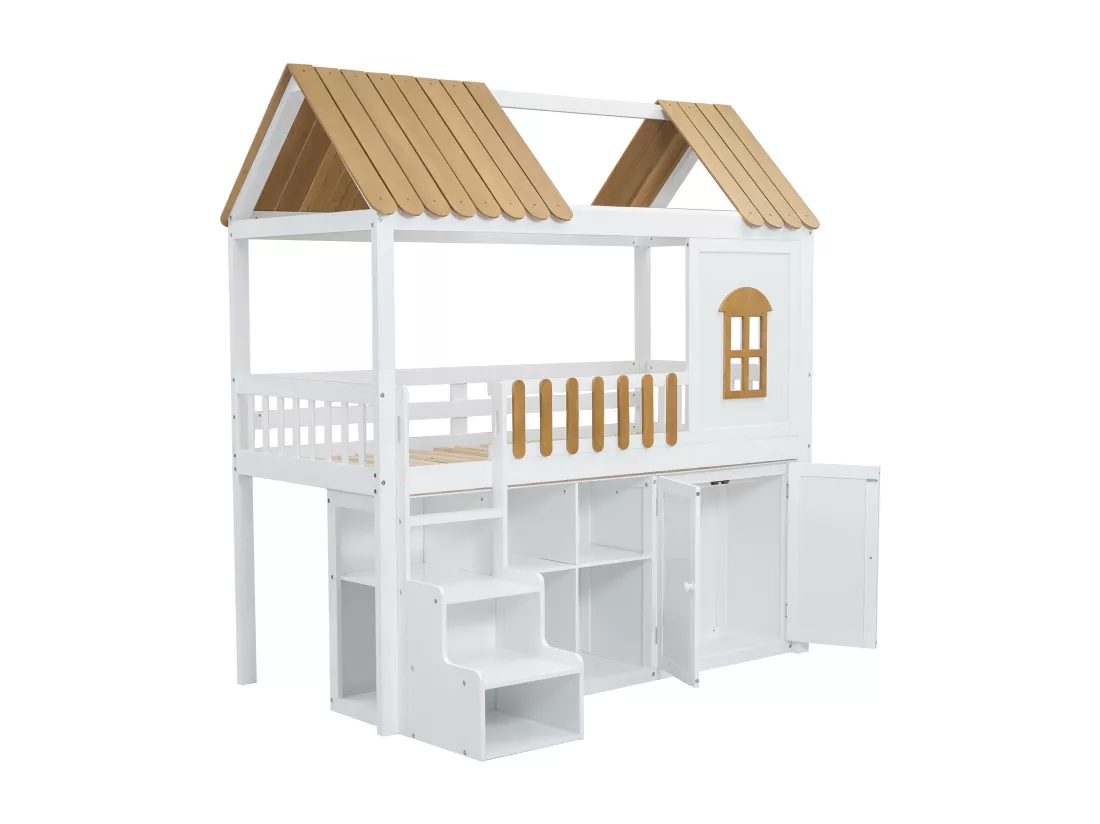 Lit superposé 90x200 cm - en bois de pin - avec étagères, armoire et escalier de rangement - Blanc & Naturel