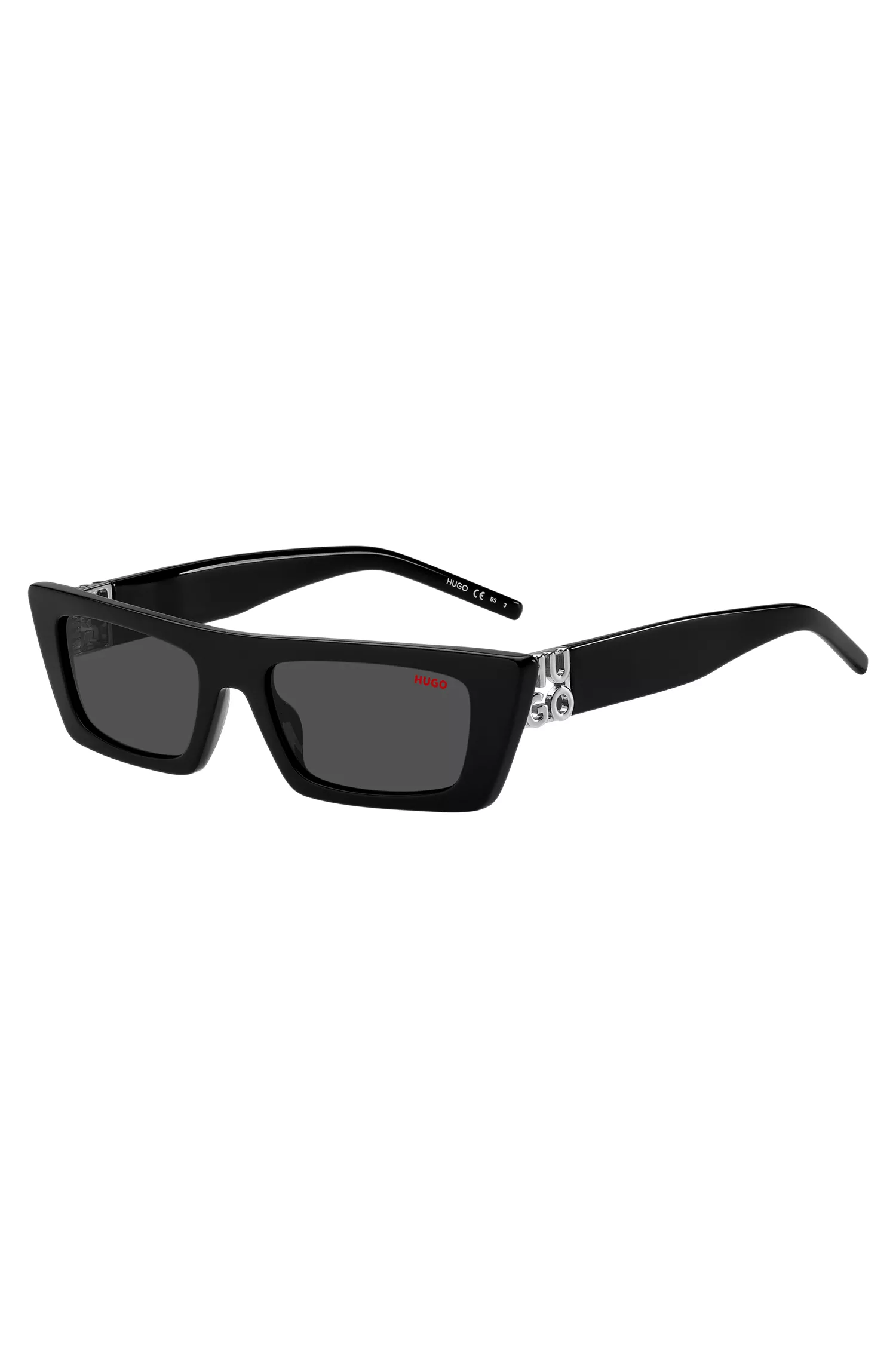 Óculos de sol HUGO em acetato vermelho e preto com monograma 3D.