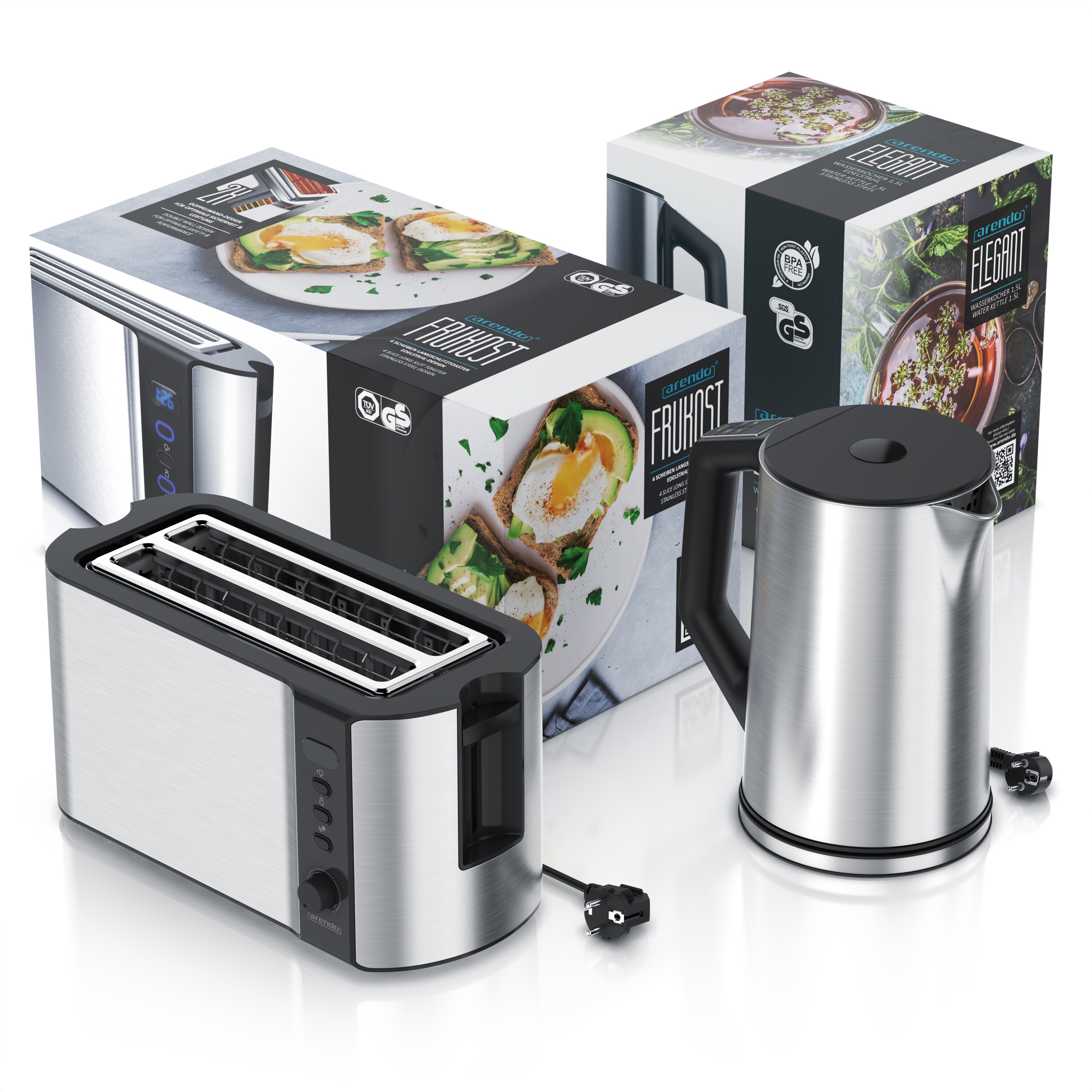 Arendo 2-teiliges Frühstücksset, Edelstahl Wasserkocher 2200W, 4-Scheiben Langschlitz Toaster, Silber