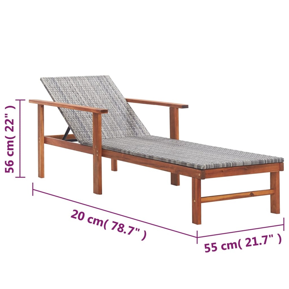 Transat chaise longue bain de soleil lit de jardin terrasse meuble d'extérieur résine tressée et bois d'acacia massif gris 02