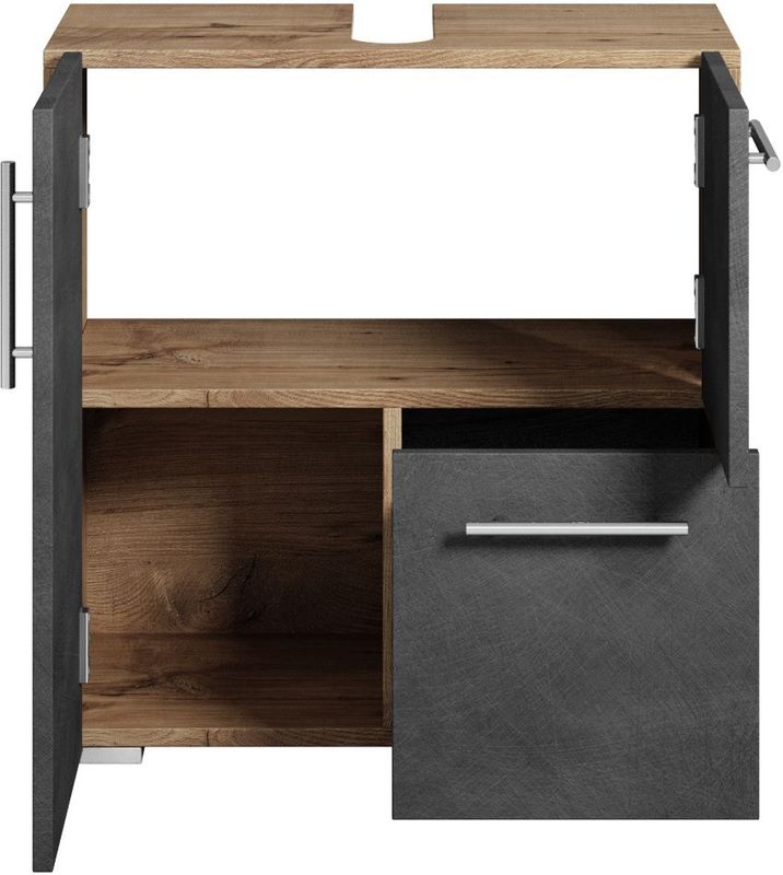 Badplaats Wastafel Onderkast Mars 60 x 30 x 60 cm - Kastanje Eiken met Donker Grijs - Badkamerkast – Staand Wastafelmeubel