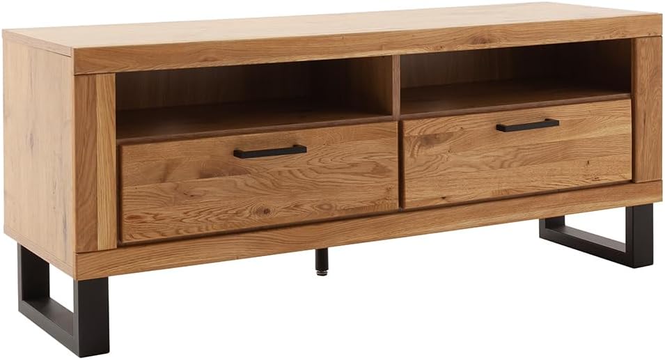Lomadox Wohnzimmer Lowboard Fernsehschrank mit 138 cm Breite in Eiche teilmassiv, mit 2 offenen Fächern & 2 Schubladen, Echtholz/Massivholz-Fronten, geölt