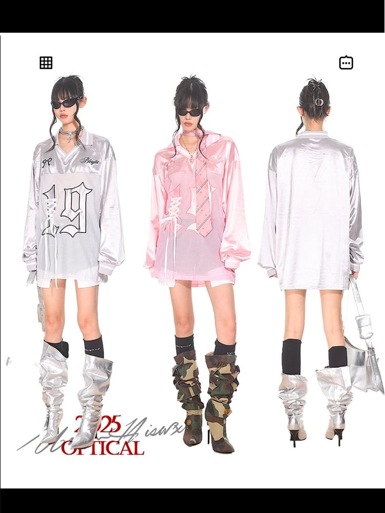 AXEN - V-hals nummer geborduurd veter mesh paneel oversized trui