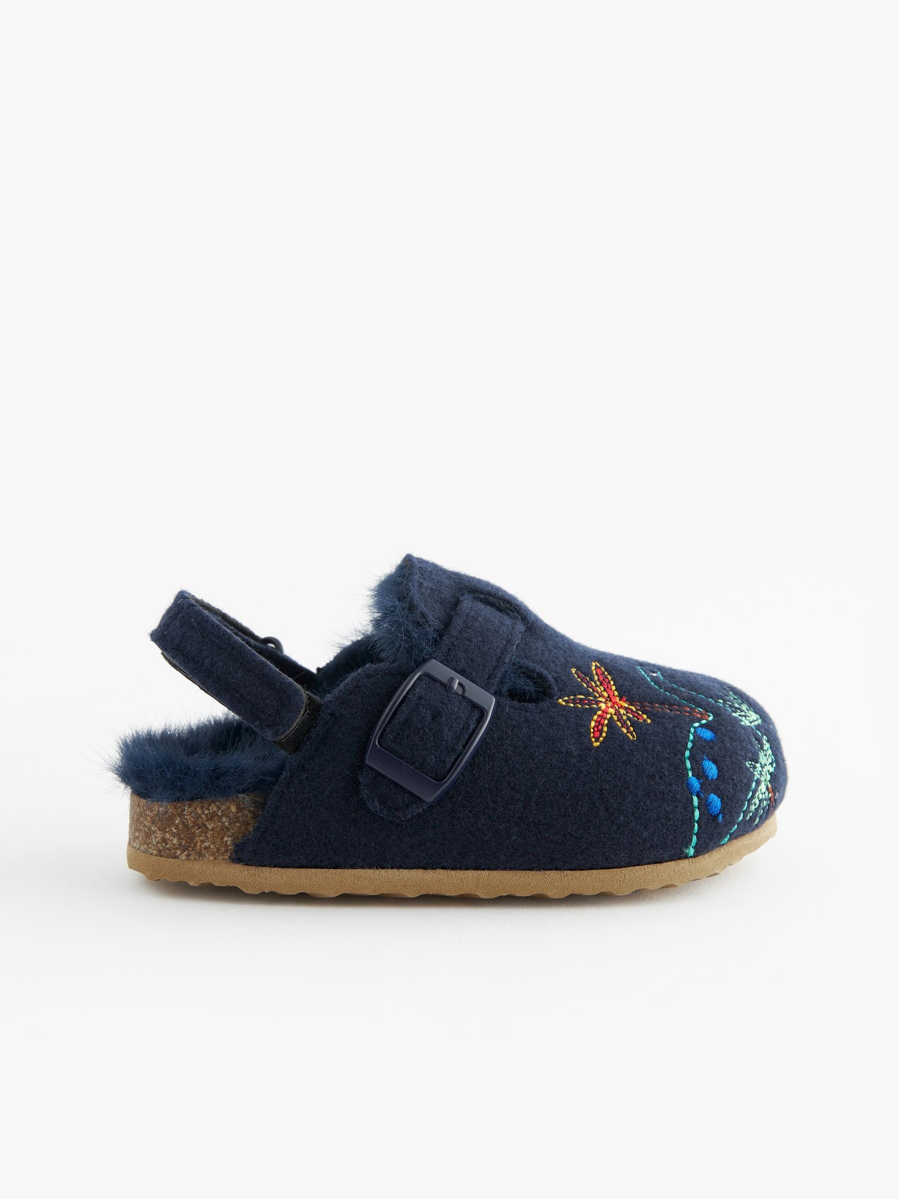 Marineblauw met dinosaurussen - Pantoffelklompen met voering van imitatiebont