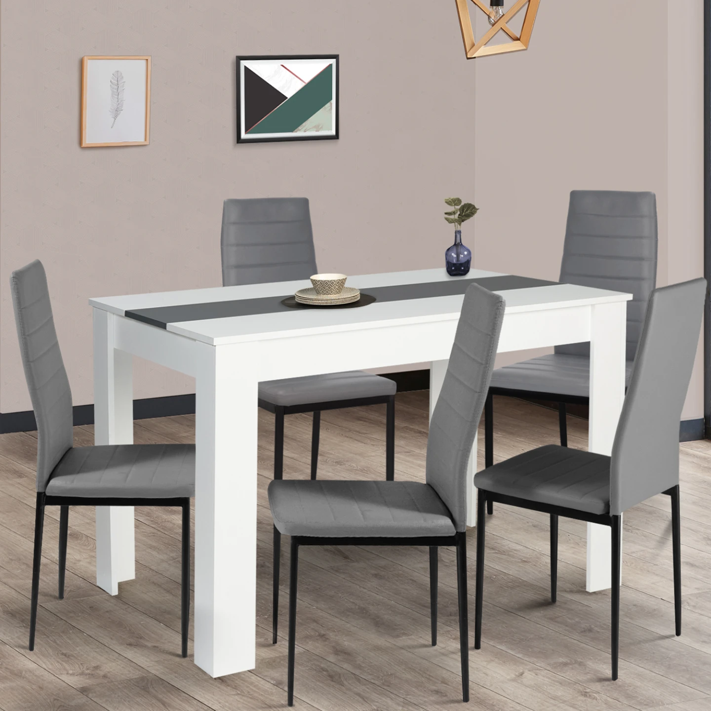 Table à manger rectangle ROZY 6 personnes blanche et grise 110 cm