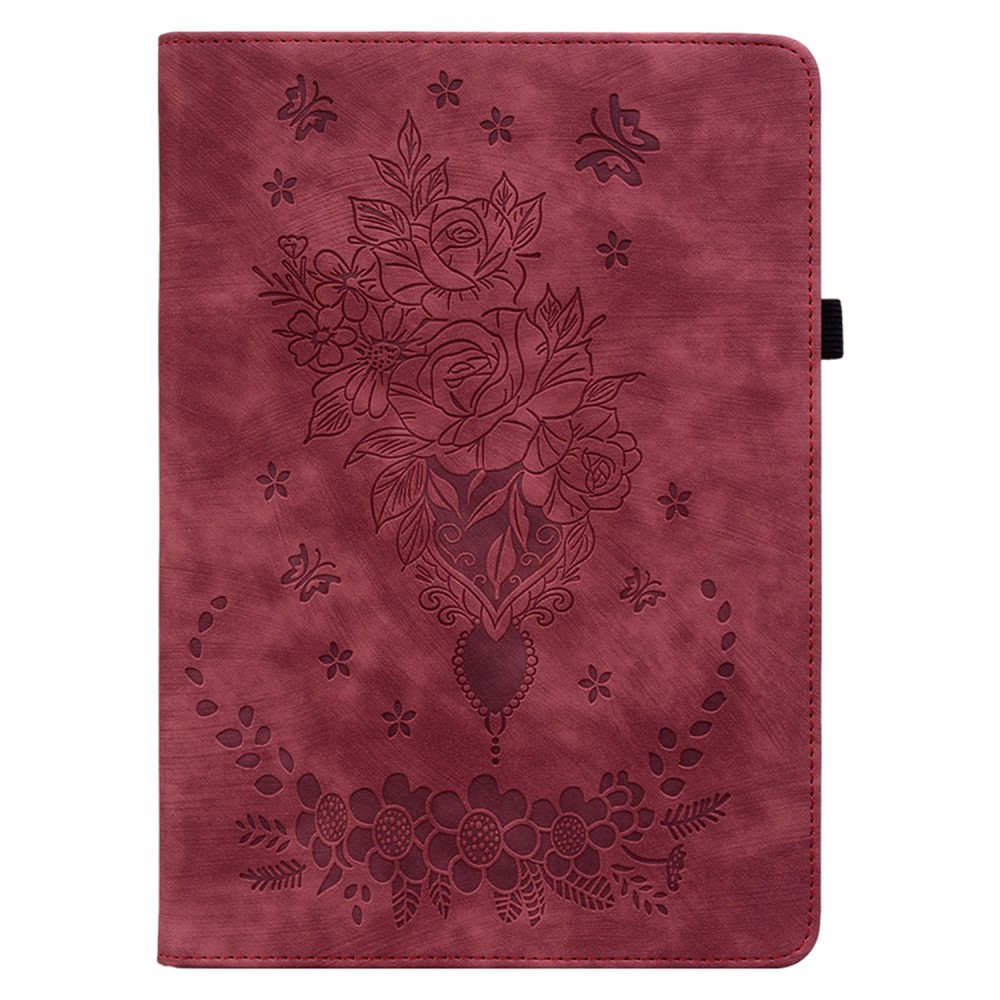 Samsung Galaxy Tab A11 / A9 Leder Tasche Flip Cover Rosen & Schmetterling Imprint - Rot