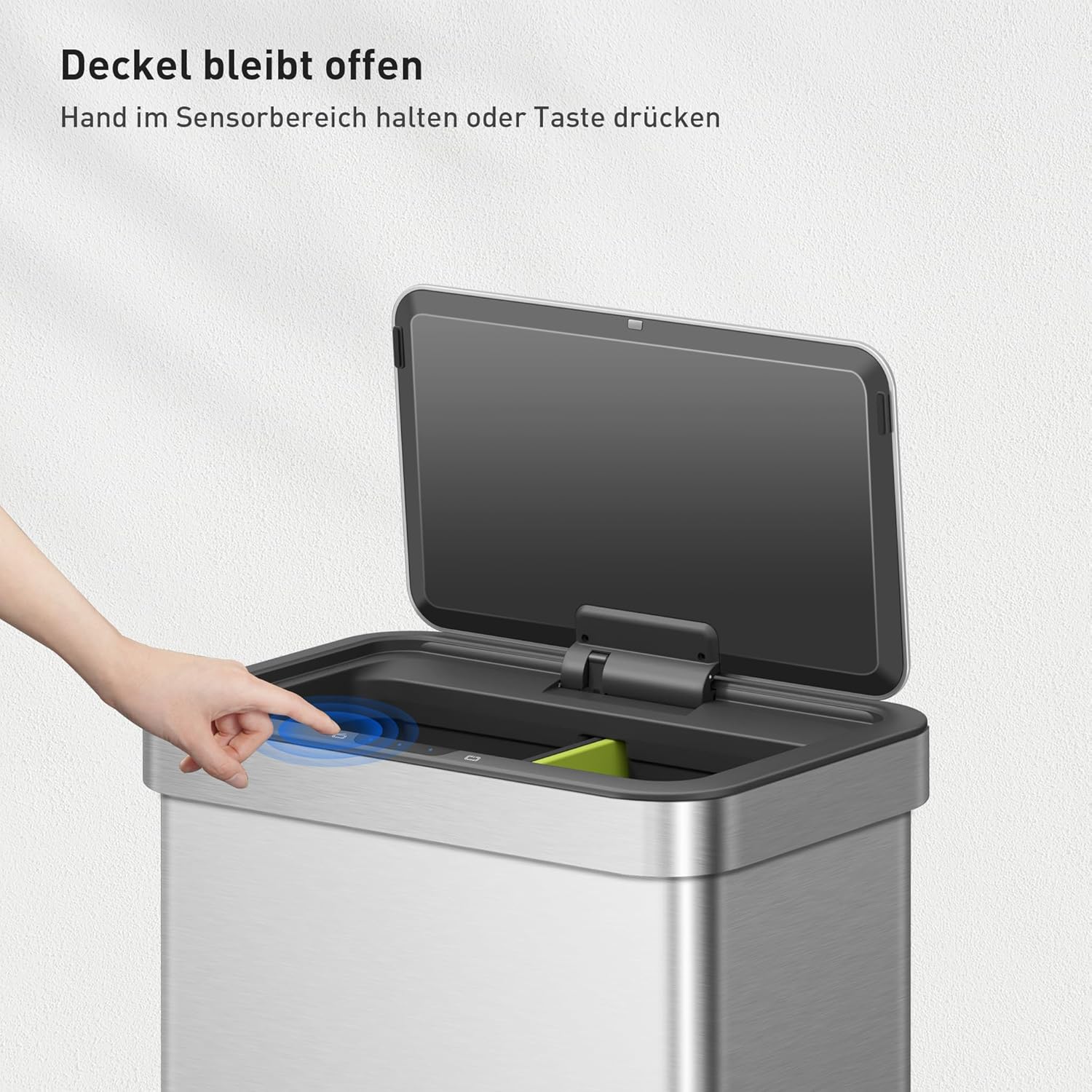 EKO NOVA Mülleimer mit Sensor, Automatischer Mülleimer 2 Fächer 2 x 30L, Abfalleimer Küche, Edelstahl, 2 Kunststoff Inneneimer, Softclose, fingerabdruckfrei, elektrischer Küchenmülleimer, 12 Müllsäcke