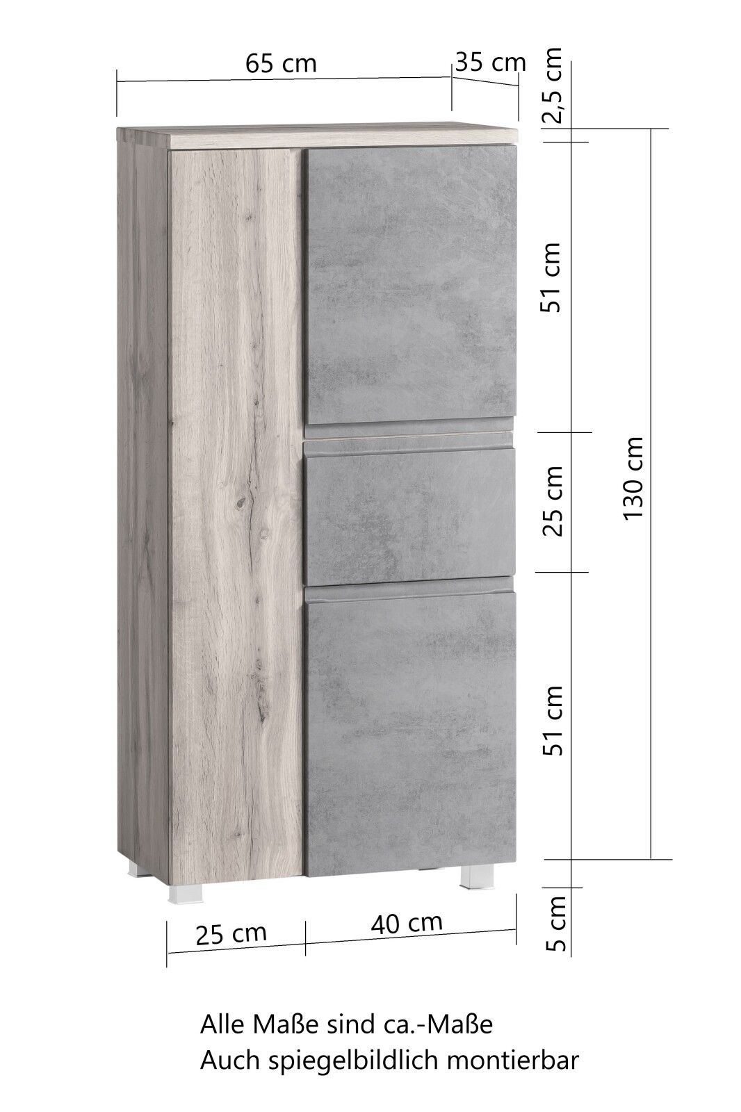 Midischrank - Wotaneiche - grau matt - 65 cm