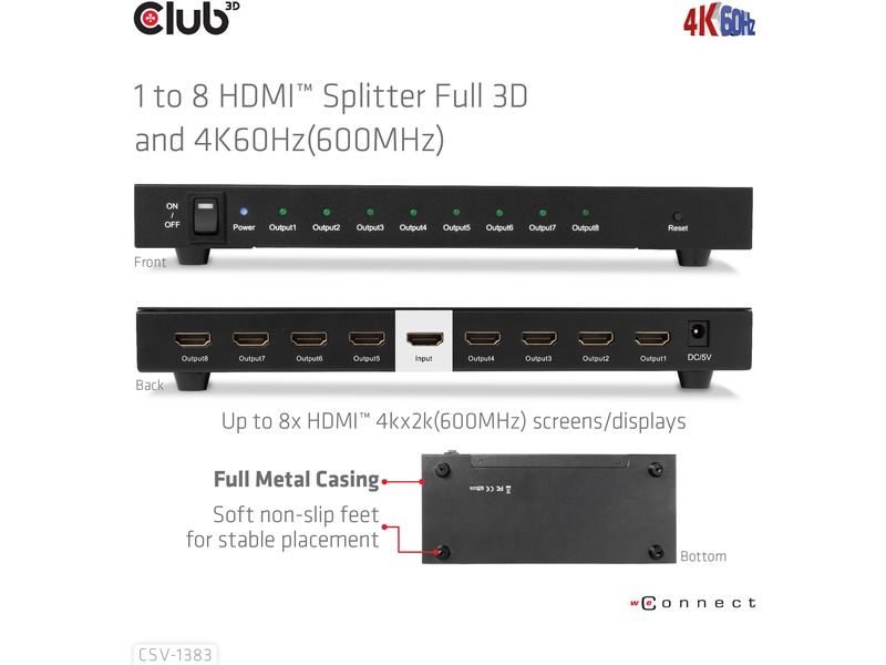 Club 3D 8-Port Signalsplitter CSV-1383 1 auf 8 HDMI-Verteiler