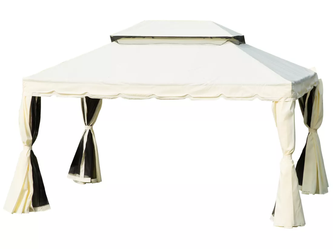 Tonnelle barnum pavillon de jardin style colonial double toit toile moustiquaires et toiles amovibles 3,9L x 2,9l x 2,7H m écru